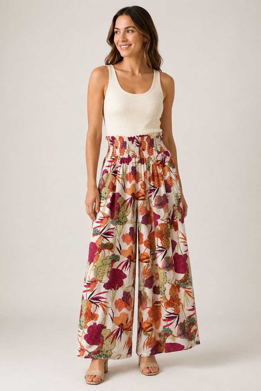 Rachel Zoe Size M Floral Smocked Waist Wide Leg Palazzo Pants Boho